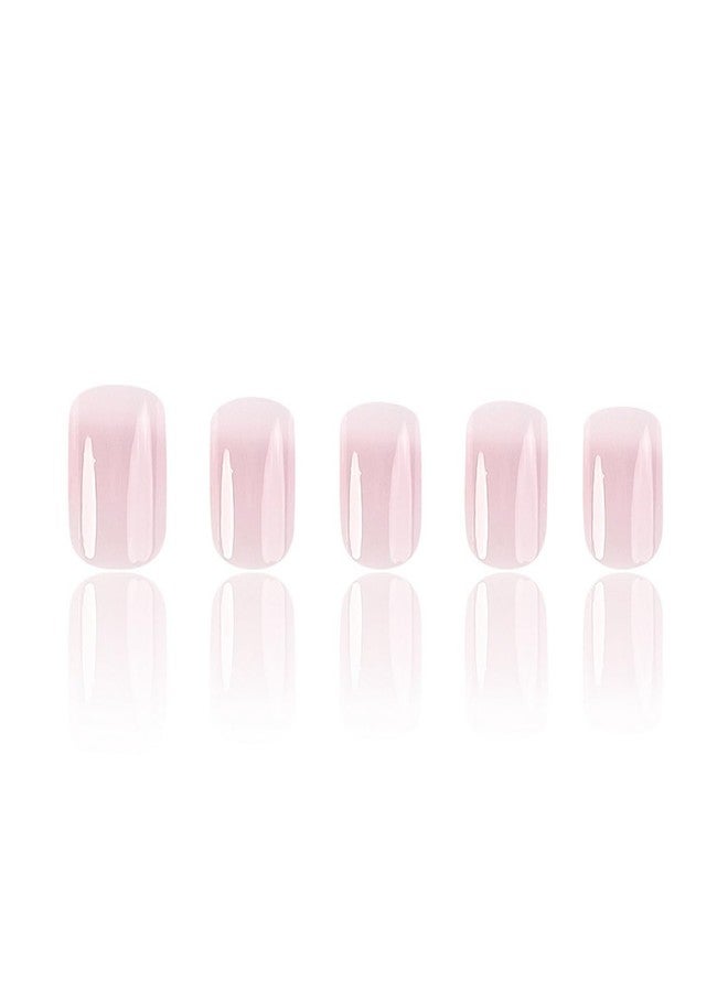 OCOUYVD Acrylic Press On Nails - Short French Pink White Gradient Designs, Small Gloss Artificial Square Sticks, Cute Fake Nails for Women & Girls - Image 5