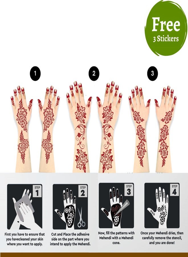 CareOne Gallery Instant Henna Outline Paste Mehendi Cone | With Set of 3 Full Hand Stickers/Stencils | Without Chemicals | Long Lasting | Pack of 12 Pieces | Brown Color - Image 1