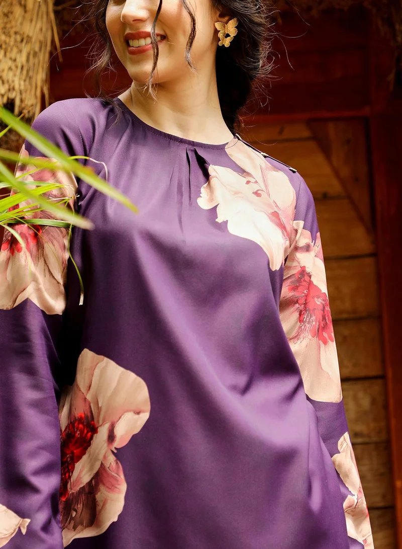 Qissa Purple Qissa Women's Amethyst Purple Poppy Flora Kurti With Trousers For Casual Wear | Round Neck | Long Sleeves | 2 Piece Kurta Set Designed With Comfort Fit For Everyday Ethnic Wear for Women | Best Price UAE