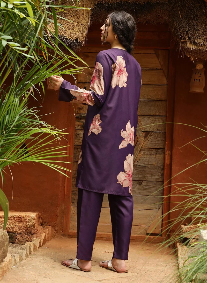 Qissa Purple Qissa Women's Amethyst Purple Poppy Flora Kurti With Trousers For Casual Wear | Round Neck | Long Sleeves | 2 Piece Kurta Set Designed With Comfort Fit For Everyday Ethnic Wear for Women | Best Price UAE