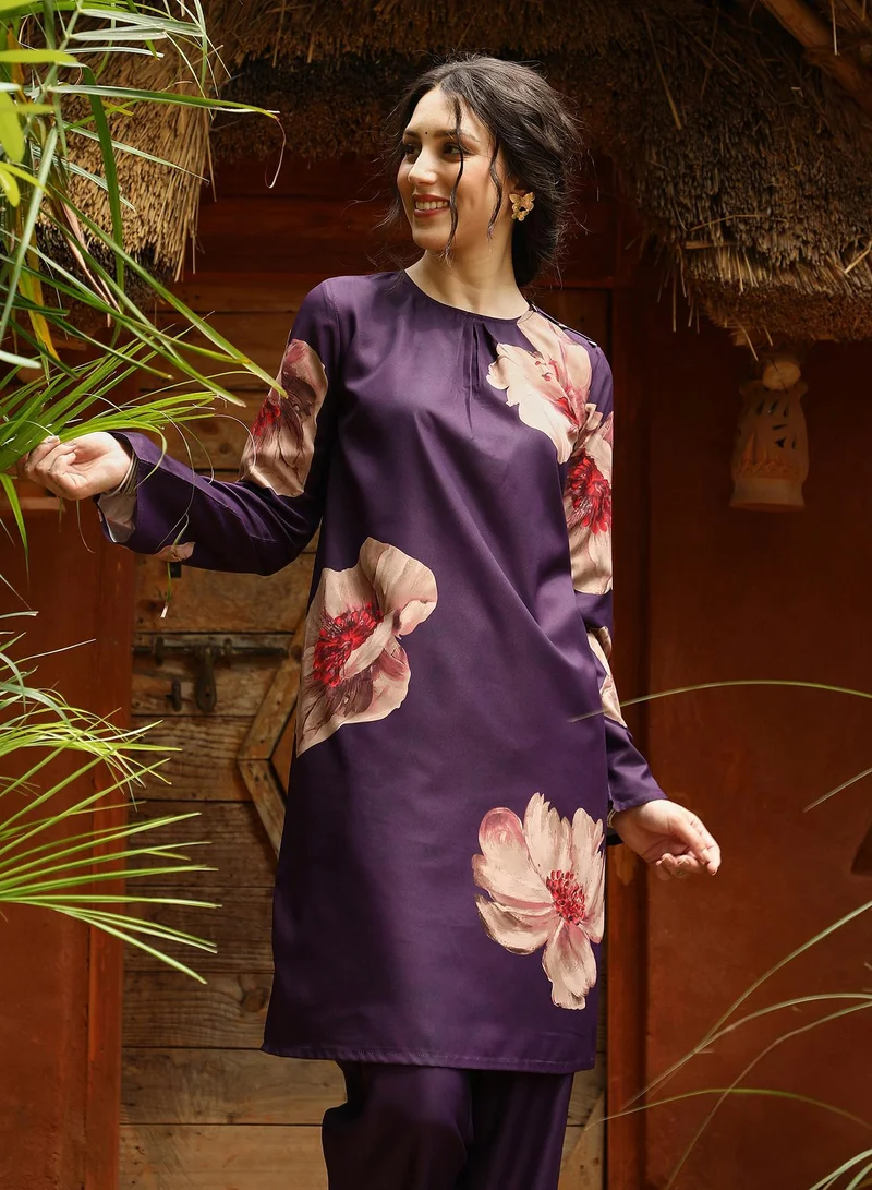 Qissa Purple Qissa Women's Amethyst Purple Poppy Flora Kurti With Trousers For Casual Wear | Round Neck | Long Sleeves | 2 Piece Kurta Set Designed With Comfort Fit For Everyday Ethnic Wear for Women | Best Price UAE