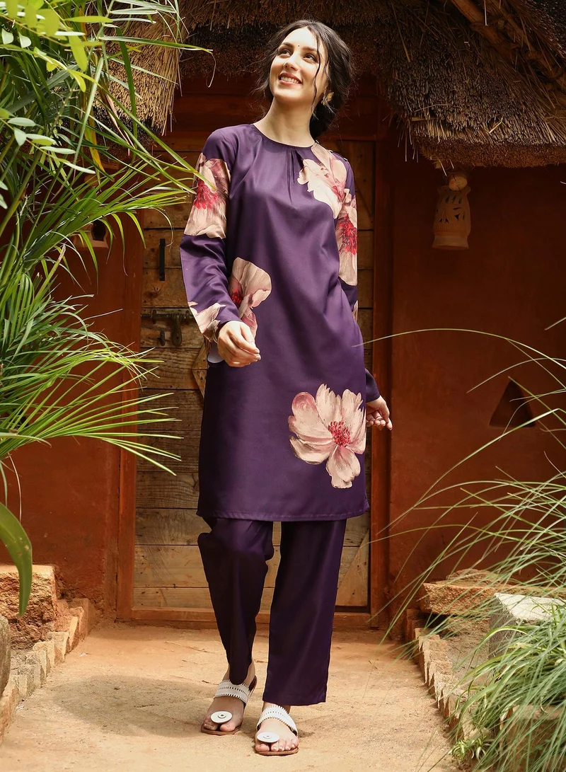 QISSA Qissa Women's Amethyst Purple Poppy Flora Kurti With Trousers For Casual Wear | Round Neck | Long Sleeves | 2 Piece Kurta Set Designed With Comfort Fit For Everyday Ethnic Wear