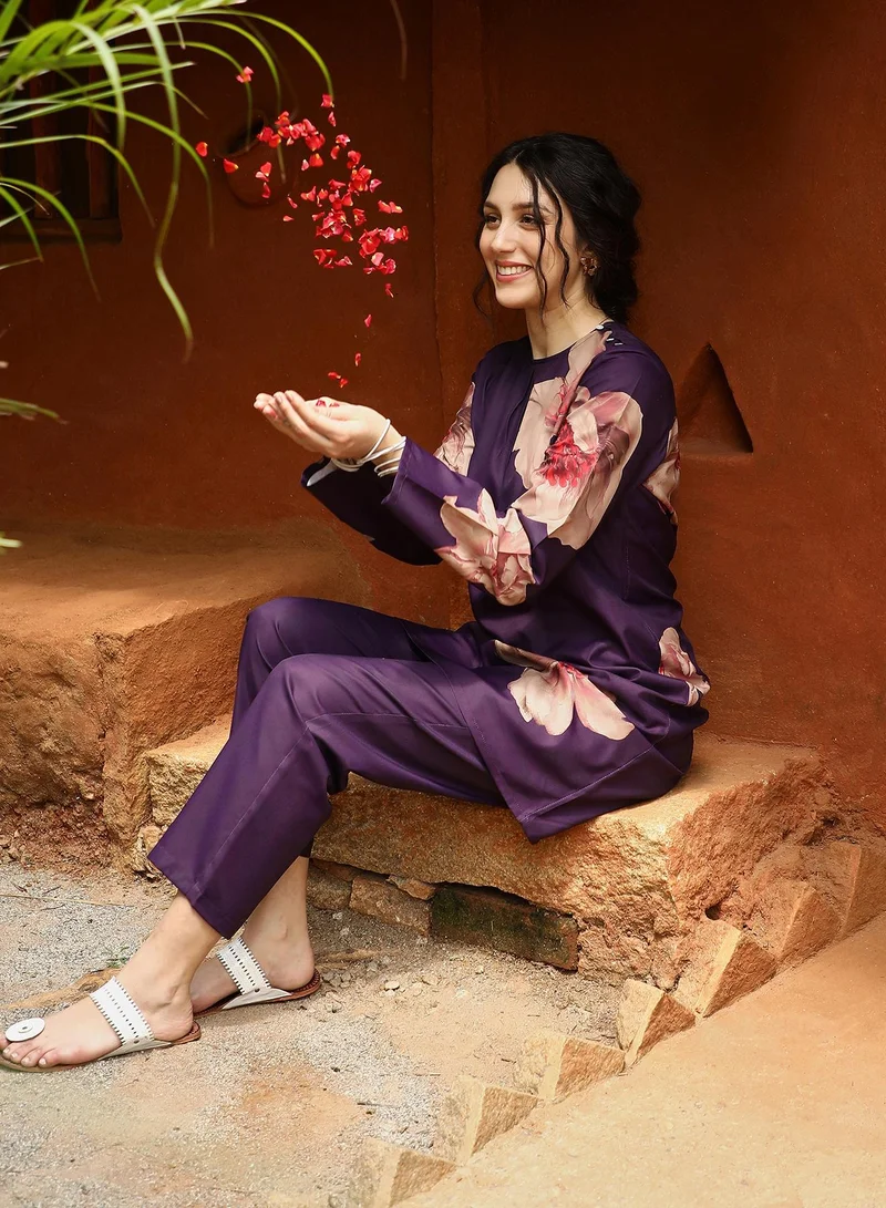 QISSA Qissa Women's Amethyst Purple Poppy Flora Kurti With Trousers For Casual Wear | Round Neck | Long Sleeves | 2 Piece Kurta Set Designed With Comfort Fit For Everyday Ethnic Wear