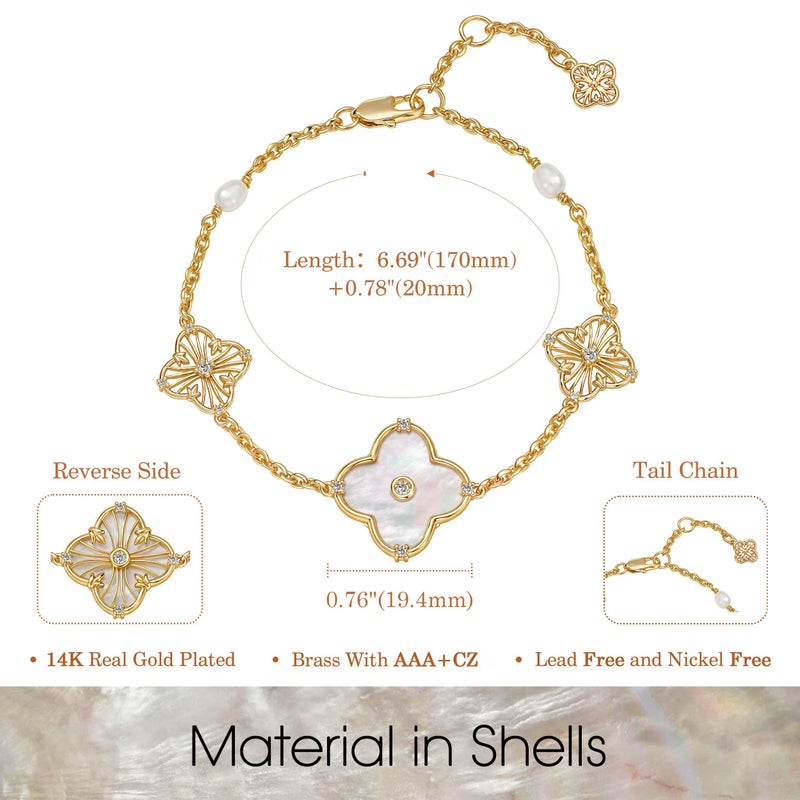 Fettero FETERO Gold Bracelets for Women Trendy, Dainty 14K Gold Plated Charm Clover Bracelet Lucky Four Leaf Pendant Cute Pearl Beaded Bracelets Link Chain Waterproof Womens Jewelry Gifts - Image 5