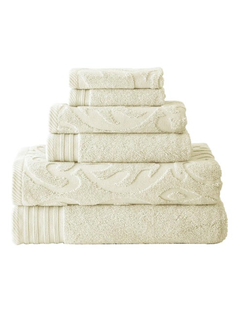 Modern Threads 6-Piece, 2 Bath Towels, 2 Hand Towels, 2 Washcloths, Medallion Jacquard/Solid Ultra Soft 550GSM 100% Combed Cotton Towel Set Ivory