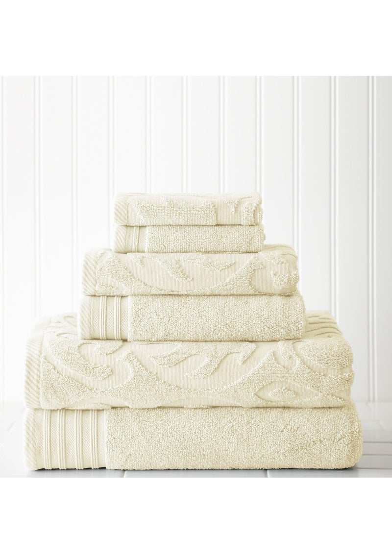 MIXDE - Modern Threads 6-Piece, 2 Bath Towels, 2 Hand Towels, 2 Washcloths, Medallion Jacquard/Solid Ultra Soft 550GSM 100% Combed Cotton Towel Set Ivory - Image 1