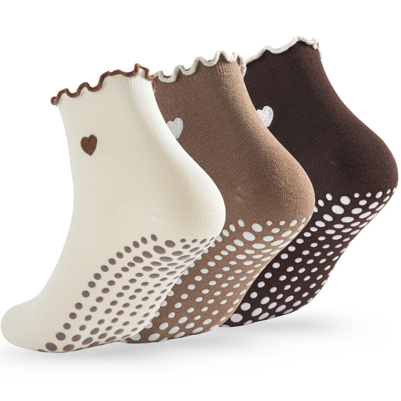 Soxbang 3/6 Pairs Cute Pilates Socks with Grips,Yoga Socks Barre Sock Non Slip Embroidery for Barre Ballet Workout (US, Numeric, 5, 9, Regular, Regular, Ruffle(1cream1Light brown1Dark brown)) - Image 1
