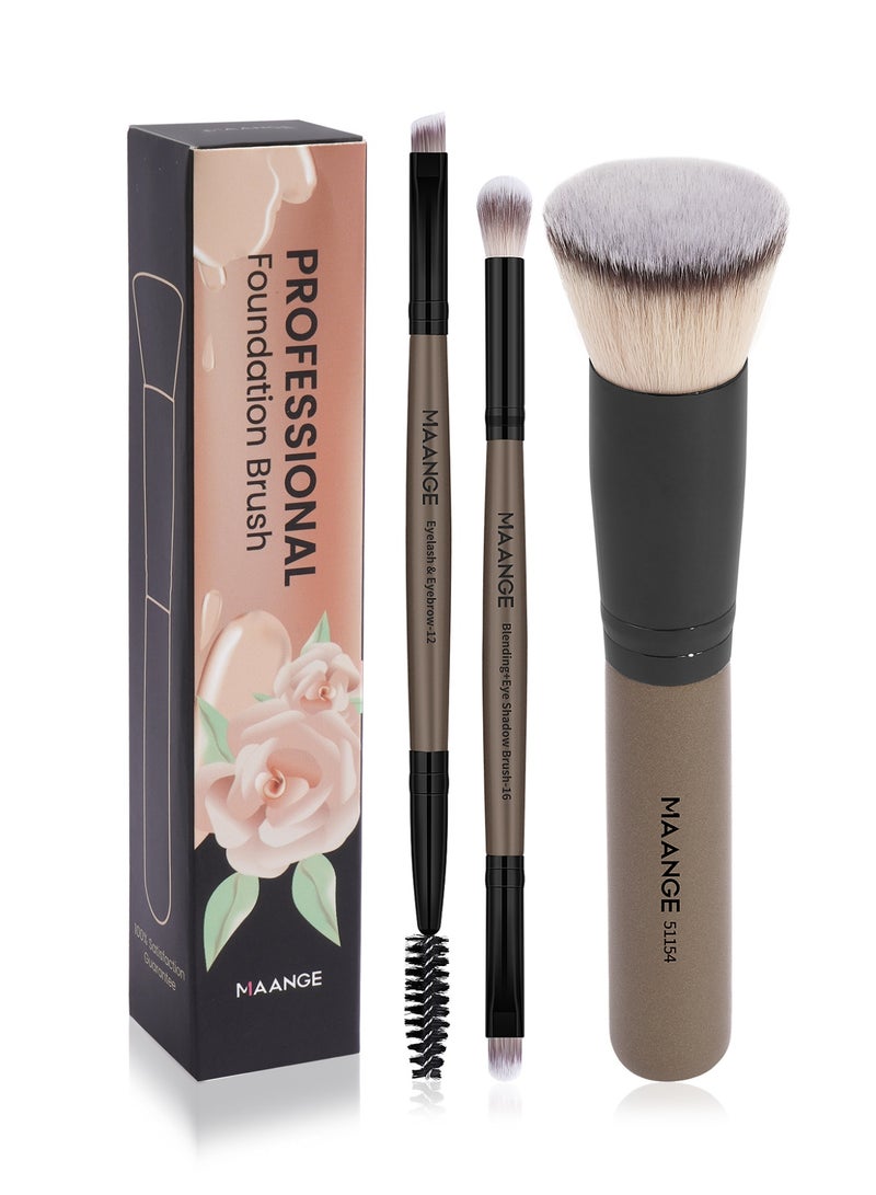 MAANGE Professional Makeup Brush Set - 3 Piece Foundation Brush Kit with Flat Head Kabuki Brush, Eyebrow Spoolie & Precision Brush - Premium Synthetic Fiber for Face & Eye Makeup Application(Brown) - Image 5