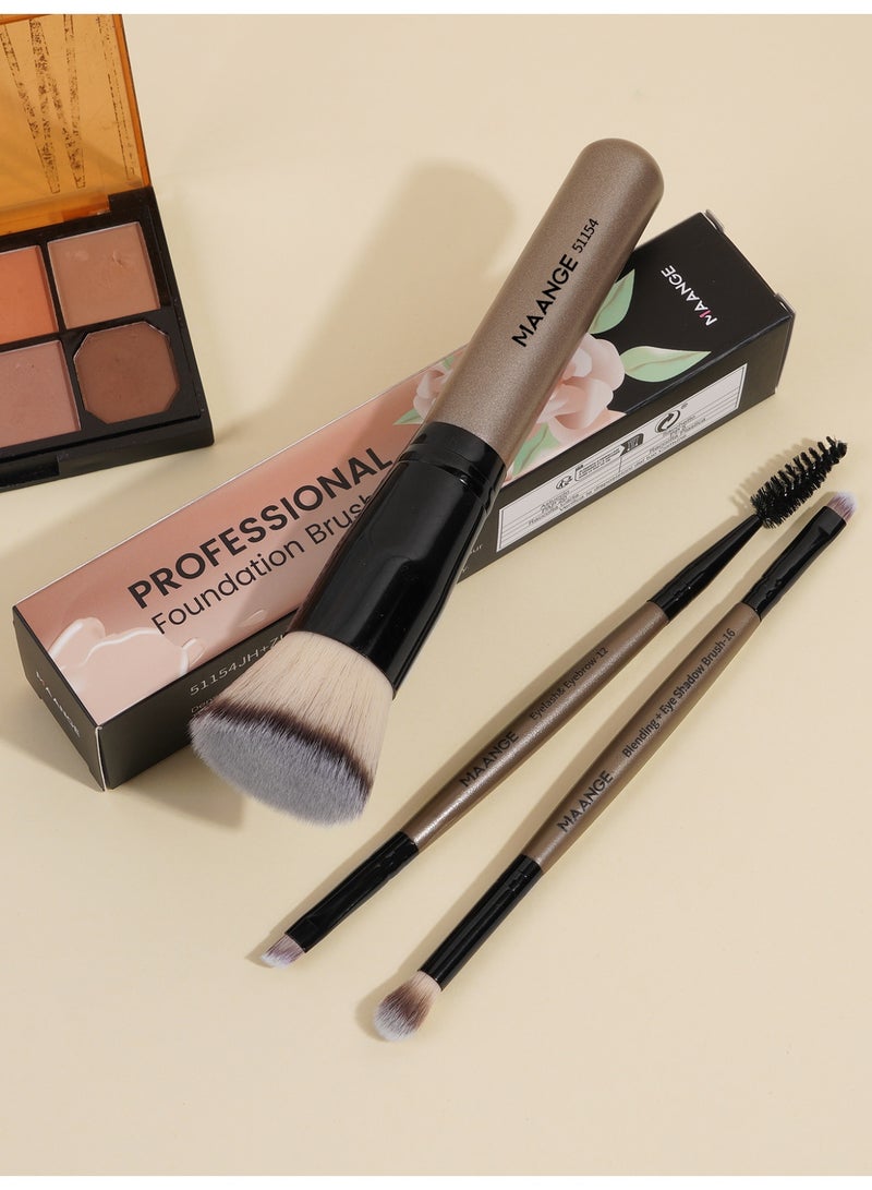 MAANGE Professional Makeup Brush Set - 3 Piece Foundation Brush Kit with Flat Head Kabuki Brush, Eyebrow Spoolie & Precision Brush - Premium Synthetic Fiber for Face & Eye Makeup Application(Brown) - Image 2