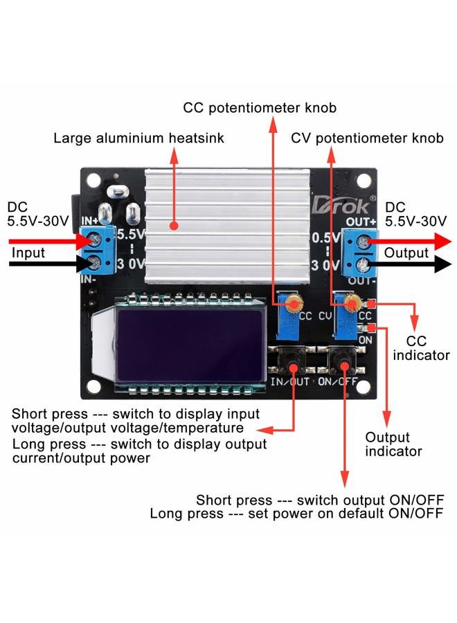 DROK Boost Buck Converter, DC 5.5-30V to 0.5-30V 5V 12V 24V Output Adjustable Power Supply Regulator Module, 4A 35W High Power Voltage Step Up Down Converter Board with Case LCD Display - Image 2