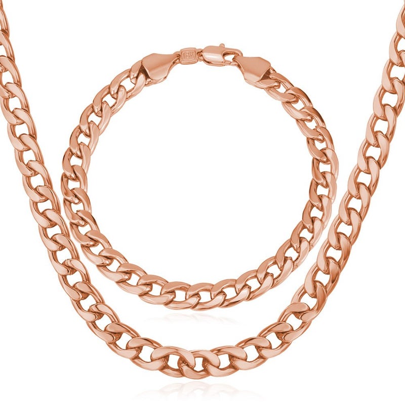U7 Unisex 7MM Wide Calssic Cuban Chain Rose Gold Plated Curb Chain Necklace & Link Bracelet Set,22"/8.3" - Image 1