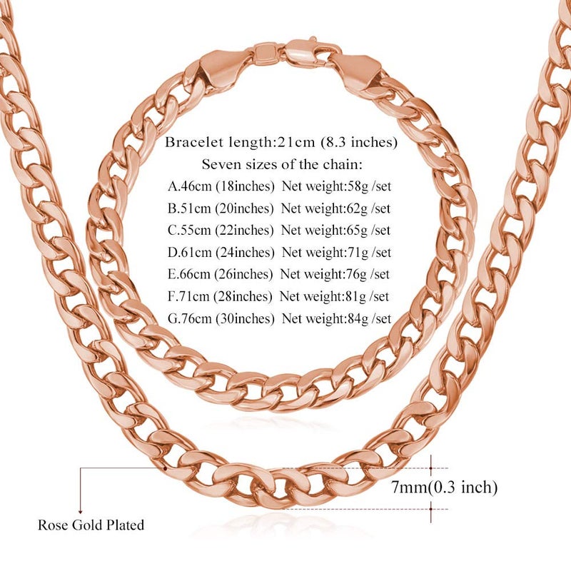 U7 Unisex 7MM Wide Calssic Cuban Chain Rose Gold Plated Curb Chain Necklace & Link Bracelet Set,22"/8.3" - Image 4
