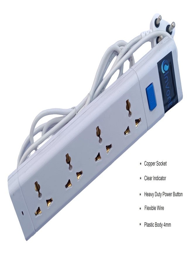 Invont Extension Board with 4 Multiplug Sockets & Master Switch | 6A Power Extension Board | 2 Meter Copper Wire Extension Cord | Heavy-Duty Spike Guard & Extension Box for Home & Office (White) - Image 3