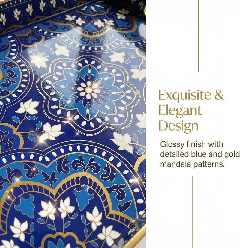 Simmer Stone Decorative Serving Tray with Handles - 15.7" x 11.8" Blue Mandala Pattern Rectangular Plastic Platter - Boho Coffee Table Tray for Ottoman, Breakfast in Bed & Living Room Decor - Image 5