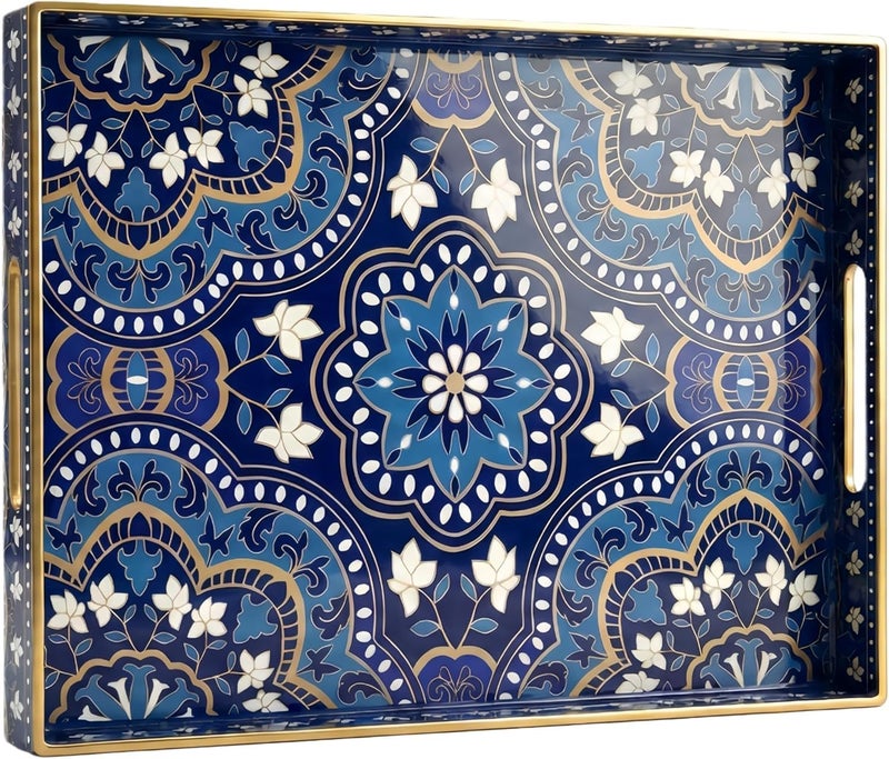 Simmer Stone Decorative Serving Tray with Handles - 15.7" x 11.8" Blue Mandala Pattern Rectangular Plastic Platter - Boho Coffee Table Tray for Ottoman, Breakfast in Bed & Living Room Decor - Image 2