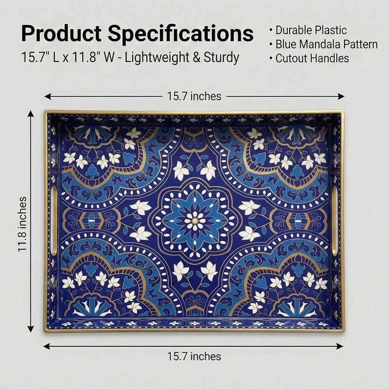Simmer Stone Decorative Serving Tray with Handles - 15.7" x 11.8" Blue Mandala Pattern Rectangular Plastic Platter - Boho Coffee Table Tray for Ottoman, Breakfast in Bed & Living Room Decor - Image 3