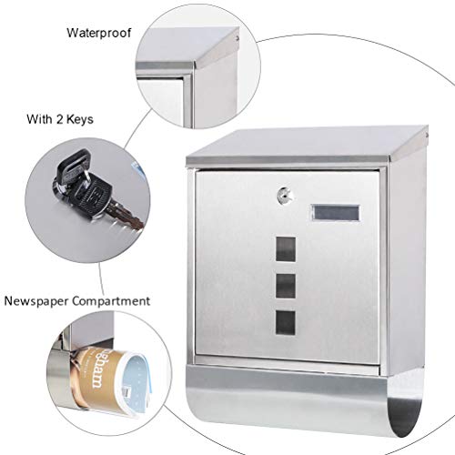 Jssmst Locking Wall Mount Mailbox, Stainless Steel Mailboxes with Secure Key Lock and Newspaper Compartment, HPB2203 Silver - Image 4