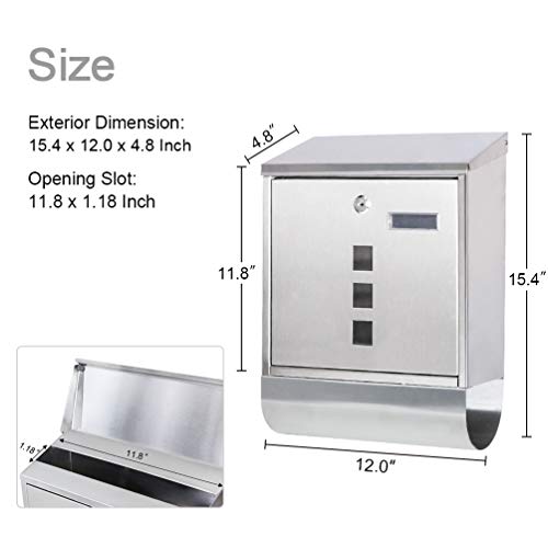 Jssmst Locking Wall Mount Mailbox, Stainless Steel Mailboxes with Secure Key Lock and Newspaper Compartment, HPB2203 Silver - Image 3