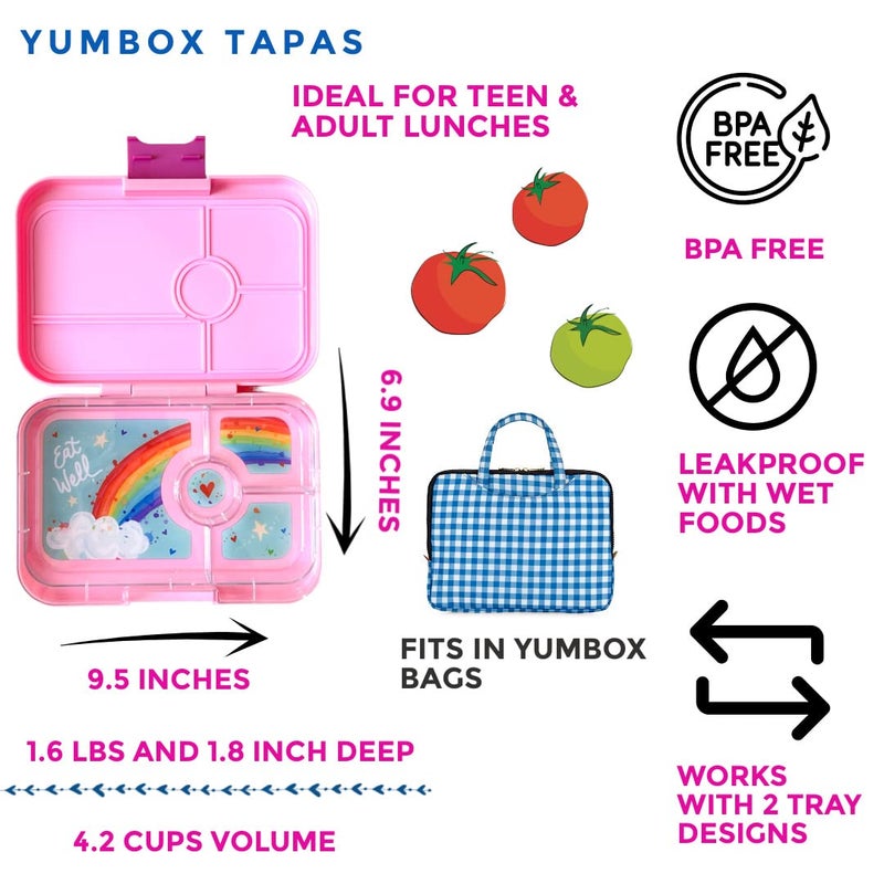 يوم بوكس Tapas Leakproof Bento Box, Lunch box for women, Teens and Kids, Large size, 4 compartment tray with large section for sandwich, salads plus sides and dip well (Capri Pink - Rainbow) - Image 2