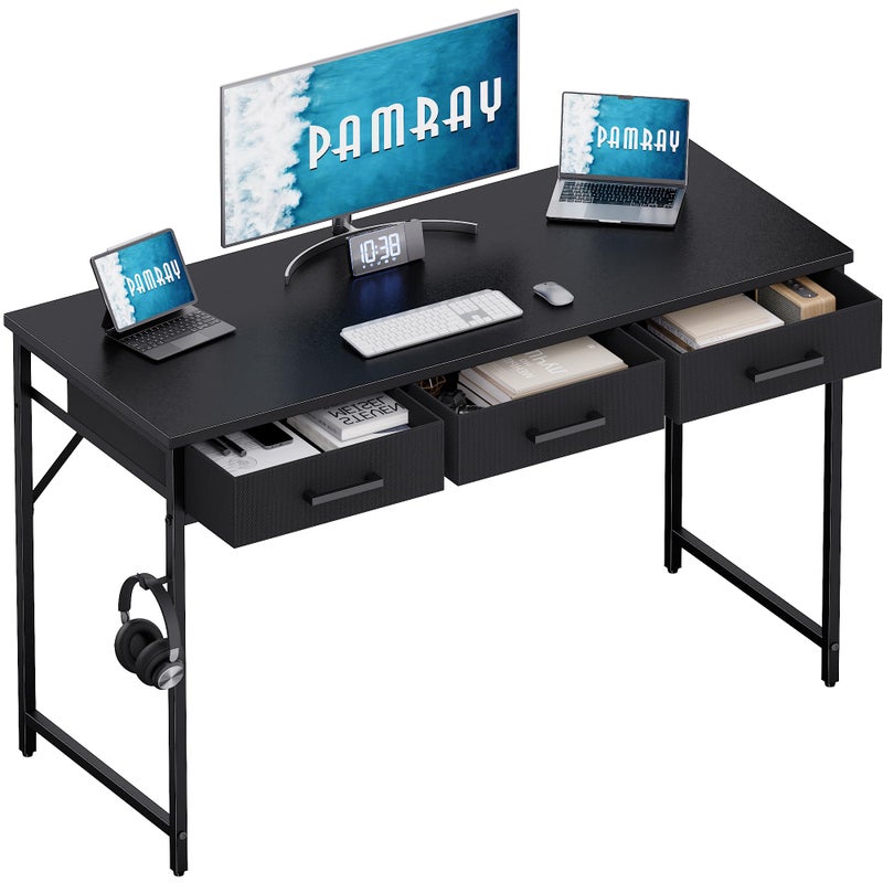 Pamray 47 Inch Small Computer Desk with 3 Drawers for Bedroom Study Writing Home Office Table for Small Spaces Black - Image 1