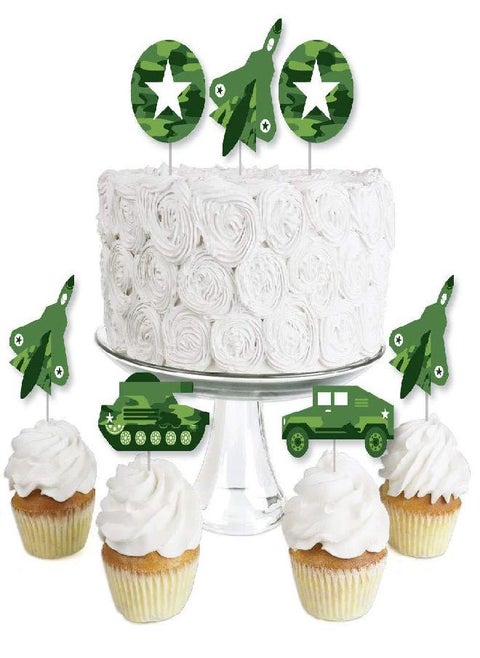 Camo Hero - Dessert Cupcake Toppers - Army Military Camouflage Party Clear Treat Picks - Set of 24