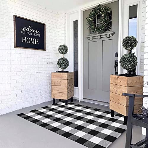 MUBIN Cotton Buffalo Plaid Rug, 3x5 Black and White Check Outdoor Rug Front Door Decorative Mat, Hand-Woven Reversible Foldable Rug for Layered Door Mats Washable Carpet for Front Porch, Entryway - Image 1