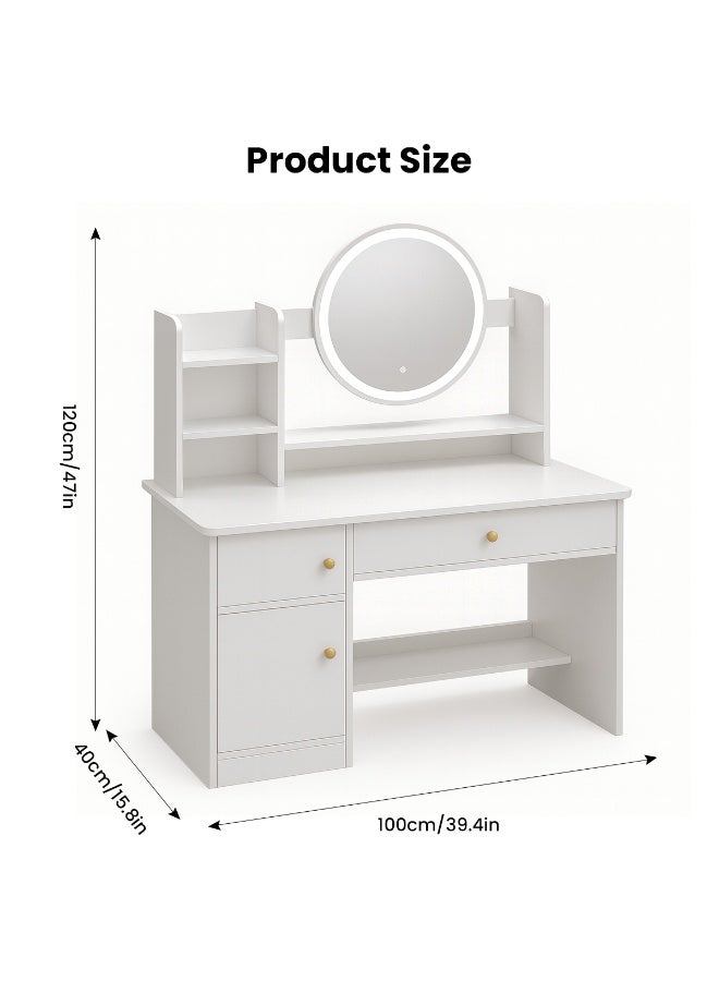 Jorunb Dressing Table,Makeup Table with Drawers, Vanity Desk with Mirror and led Lights,3 Lighting Mode,Makeup Vanity Desk,Multifunctional Makeup Writing Desk for Bedroom (100*40*127cm) - Image 2