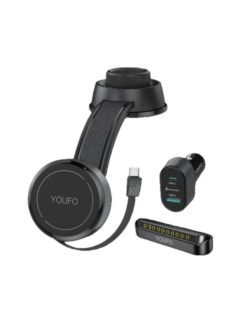 يوفو طقم YOUFO المتكامل (3 في 1) – شاحن لاسلكي 15 واط MagSafe، شاحن سيارة ثنائي 48 واط، وحامل أرقام للوقوف المؤقت. - Image 1