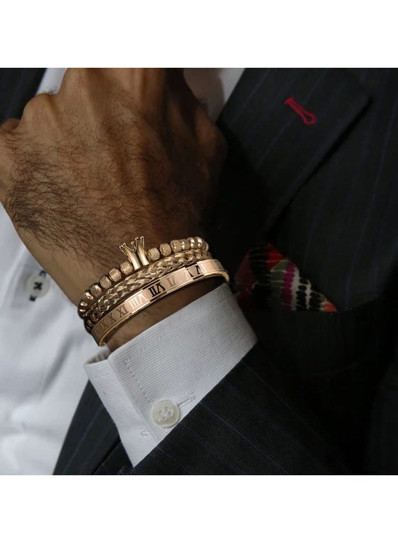 Zikra 3pcs/set Stainless Steel Bracelets for Men, Gold Roman Numeral Bangle Bracelet, Hip Hop Men Pave CZ Leopard Head Roman Numeral Bracelet Stainless Steel Jewelry, Adjustable Cuff Bracelet Jewelry Gifts - Image 3