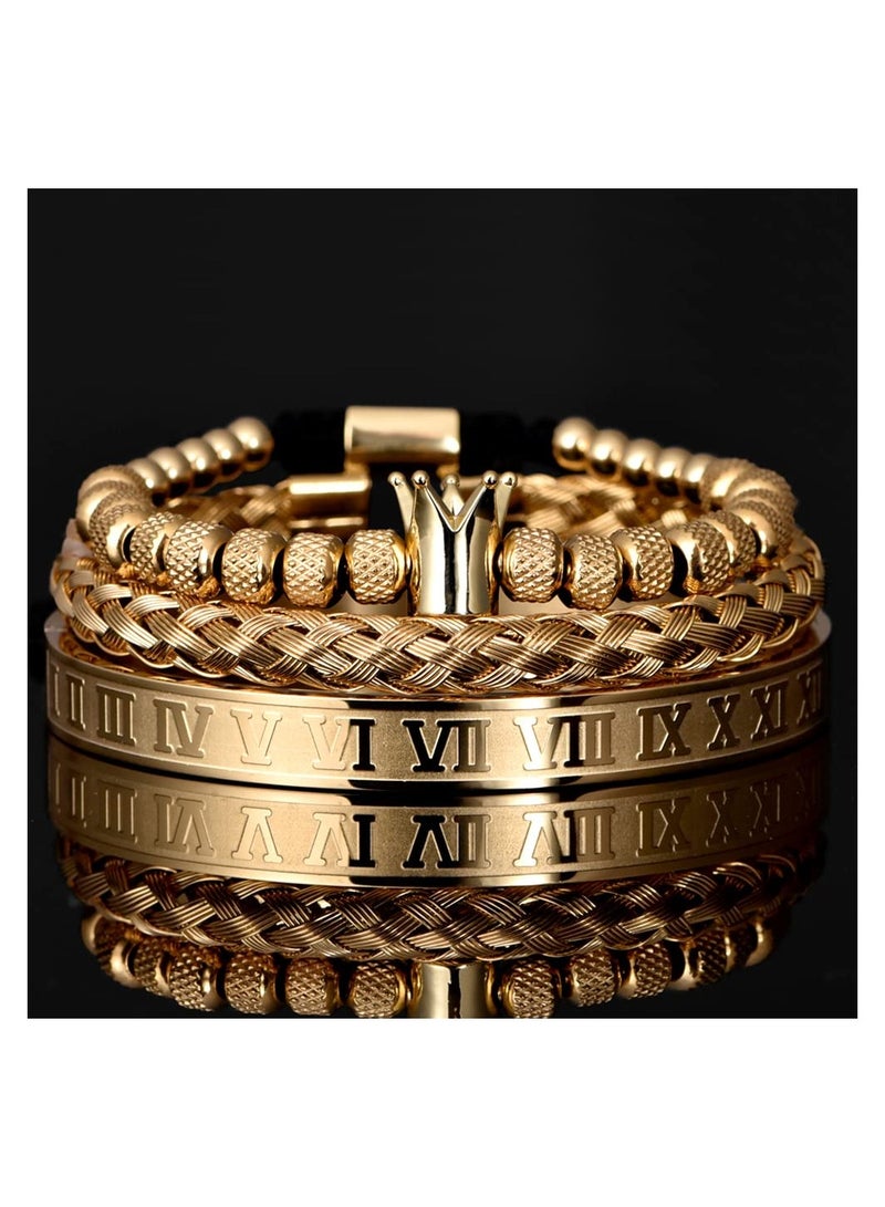 Zikra 3pcs/set Stainless Steel Bracelets for Men, Gold Roman Numeral Bangle Bracelet, Hip Hop Men Pave CZ Leopard Head Roman Numeral Bracelet Stainless Steel Jewelry, Adjustable Cuff Bracelet Jewelry Gifts - Image 2