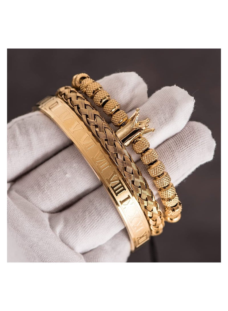 Zikra 3pcs/set Stainless Steel Bracelets for Men, Gold Roman Numeral Bangle Bracelet, Hip Hop Men Pave CZ Leopard Head Roman Numeral Bracelet Stainless Steel Jewelry, Adjustable Cuff Bracelet Jewelry Gifts - Image 4