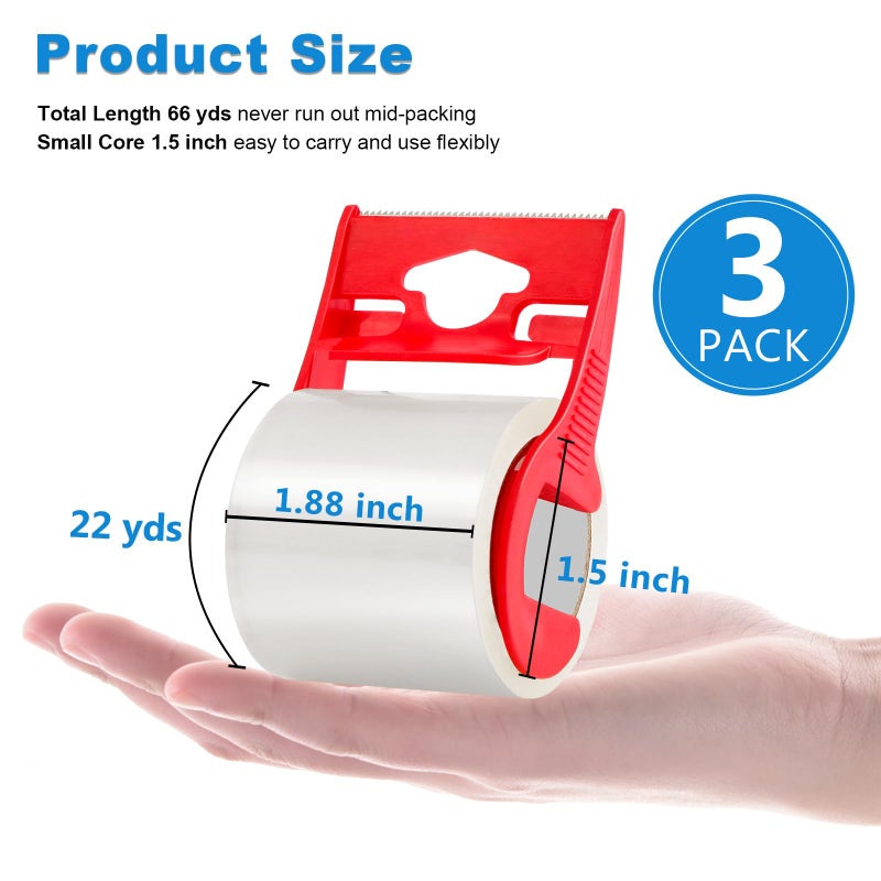 SCYON Heavy Duty Clear Packing Tape with Dispenser, 3 Noiseless Shipping Tape Rolls, Noiseless Boxing and Packaging Tape for Mailing, Moving Supplies, 2 mil, 1.88â€ x 800â€œ. - Image 2
