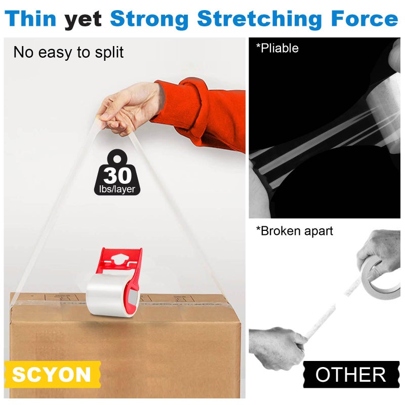 SCYON Heavy Duty Clear Packing Tape with Dispenser, 3 Noiseless Shipping Tape Rolls, Noiseless Boxing and Packaging Tape for Mailing, Moving Supplies, 2 mil, 1.88â€ x 800â€œ. - Image 5