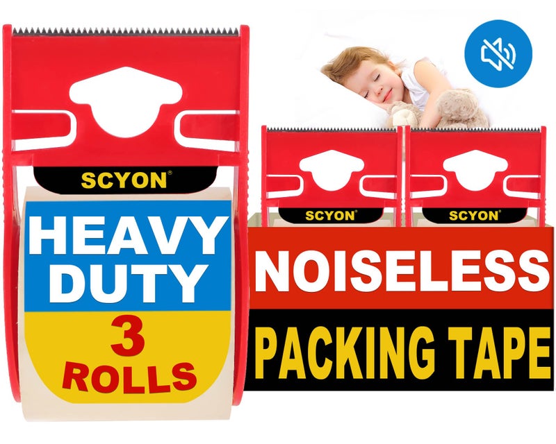 SCYON Heavy Duty Clear Packing Tape with Dispenser, 3 Noiseless Shipping Tape Rolls, Noiseless Boxing and Packaging Tape for Mailing, Moving Supplies, 2 mil, 1.88â€ x 800â€œ. - Image 1