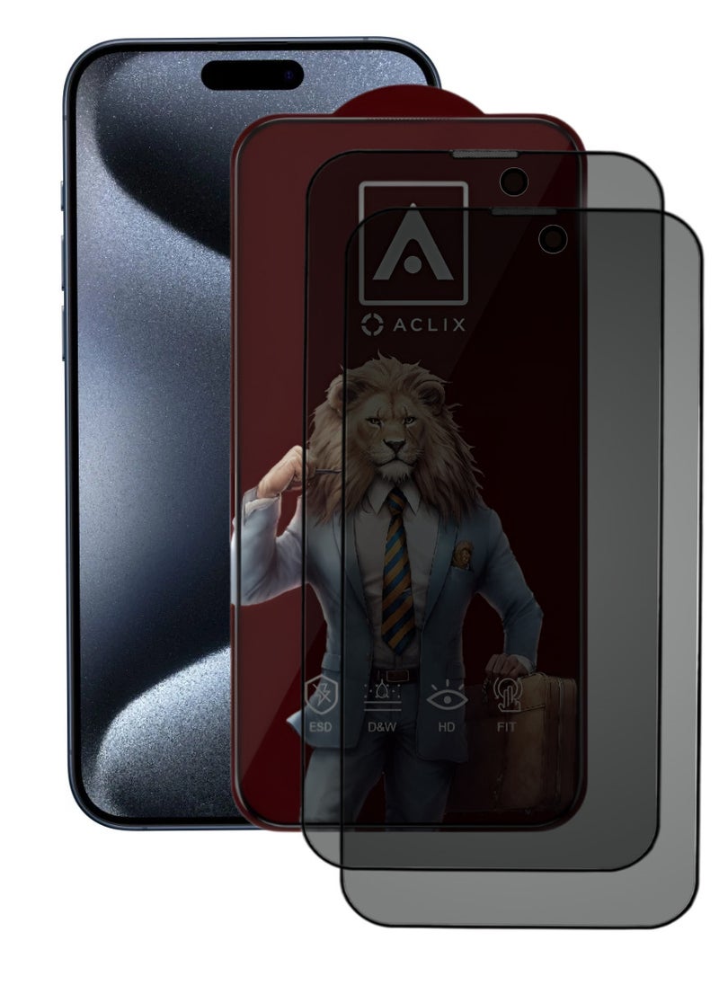 ACLIX 2 Pieces Antistatic ESD Dustproof Premium Quality High Definition Anti-Spy Privacy Tempered Glass Screen Protector Designed For  iPhone 15 Pro - Image 1