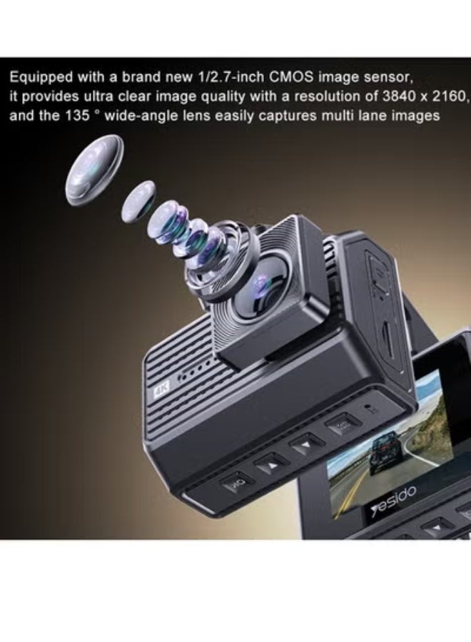 Yesido KM15 Dual Dash Camera – 4K Ultra HD Front & Rear Car DVR, Wide-Angle Driving Recorder with Night Vision, Loop Recording, G-Sensor & Parking Monitor for Road Safety & Accident Evidence - Image 3