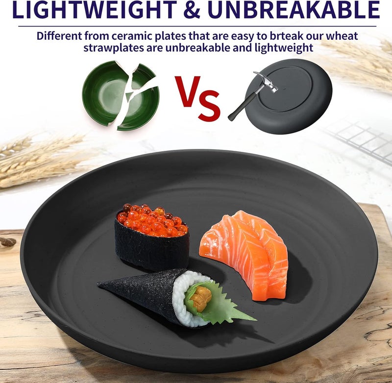 Zopeal 15 Pcs Unbreakable 10 Inch Wheat Straw Plates Set for Fruit Kitchen Salad Dessert Cakes Dish Reusable Plastic Lightweight Deep Dinner Plates Microwave and Dishwasher SafeBlack - Image 5