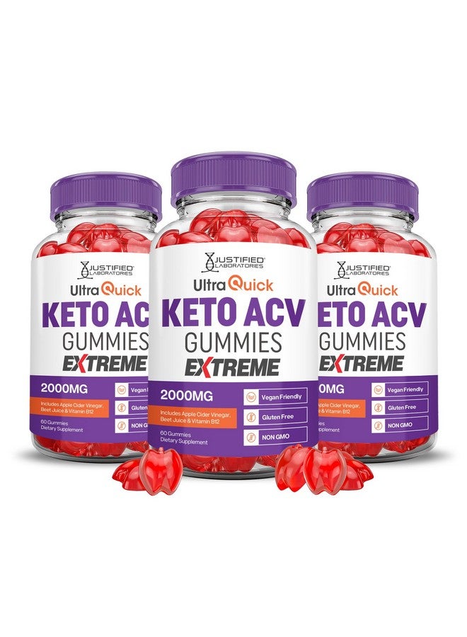 Justified Laboratories (3 Pack) Ultra Quick Keto ACV Gummies Extreme 2000MG Ultraquick Keto Gummies Apple Cider Vinegar Formulated with Pomegranate Beet Juice Powder B12 Vegan Non GMO 180 Gummys  - Image 1