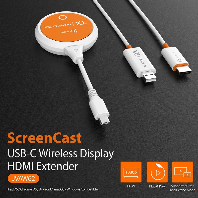 J5 Create ScreenCast USB-C to HDMI Wireless Display Transmitter and Receiver, Supports 1080p, Suitable for iPhone15, MacBook, iPad Pro, Chromebook, USB-C Laptops, and Android (JVAW62) - Image 2