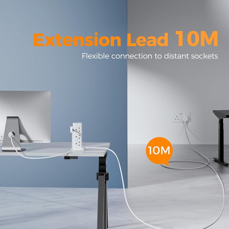 TESSAN Tower Extension Lead 10M with USB C Slots, 12 Way Plug Extension Socket with 3 USB Ports, Multi Plug with Switch(13A 3250W), Power Strip for Office, Home, School, Kitchen Supplies - Image 4