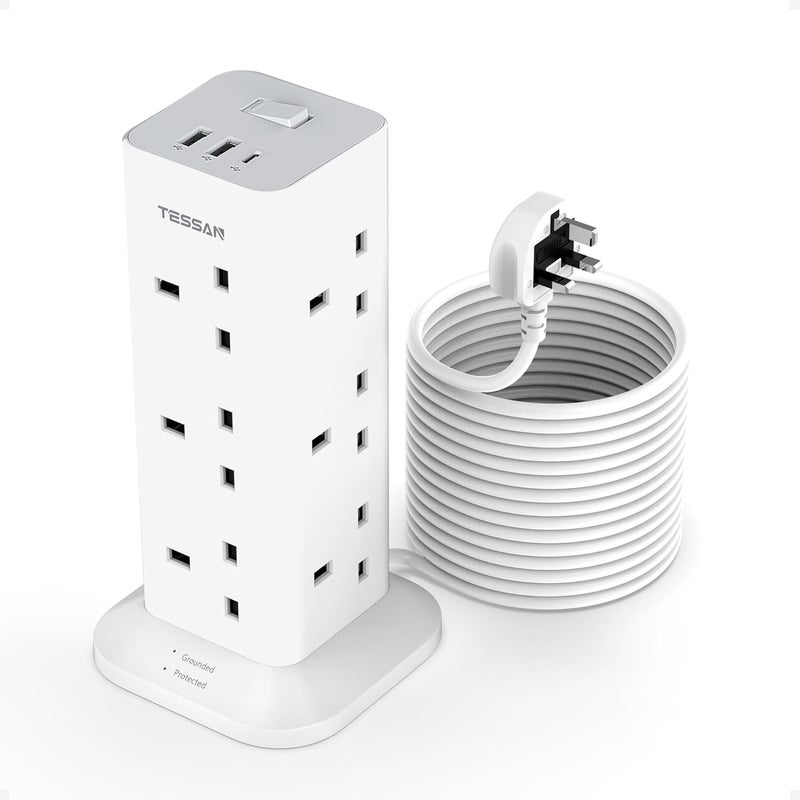 TESSAN Tower Extension Lead 10M with USB C Slots, 12 Way Plug Extension Socket with 3 USB Ports, Multi Plug with Switch(13A 3250W), Power Strip for Office, Home, School, Kitchen Supplies - Image 1