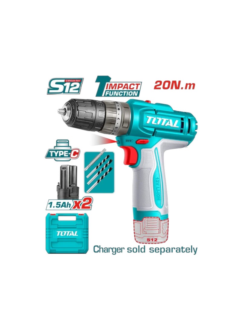 TOTAL Cordless Impact Drill 12V Lithium-Ion USB-C Rechargeable | 0–1500RPM | 22,500 BPM | 10mm Keyless Chuck | LED Work Light - Image 2