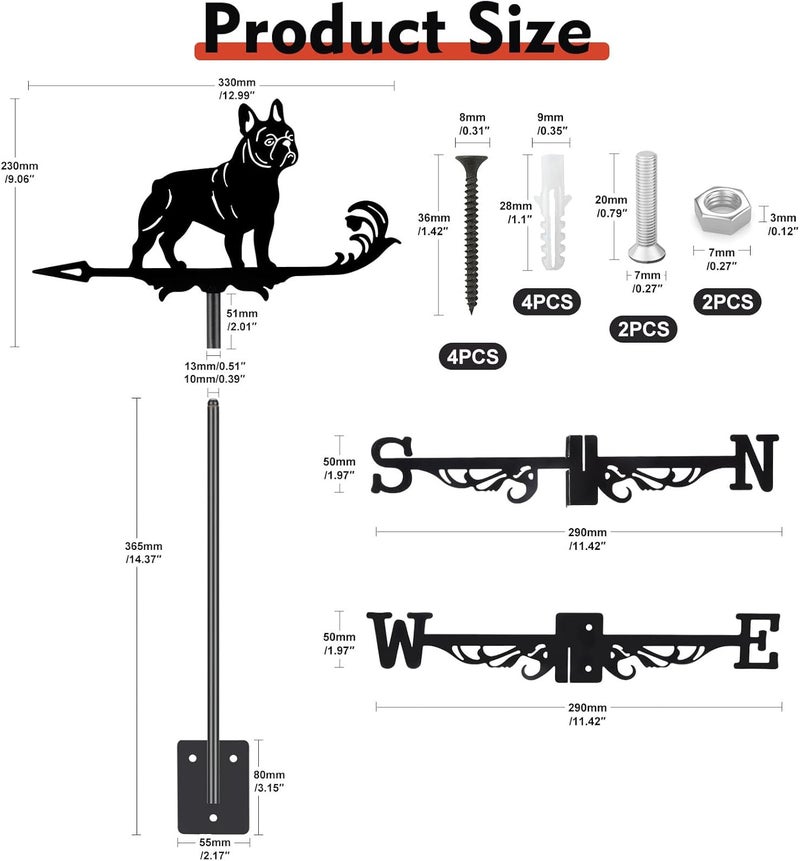VESTCDF French Bulldog Weather Vane, Black Metal Dog Weathervane Roof Mount, Wind Direction Indicators Wind Measuring Tool Outdoor, Wind Vane Ornament Decoration for Shed Garden Yard Farmhouse Patio Decor - Image 2