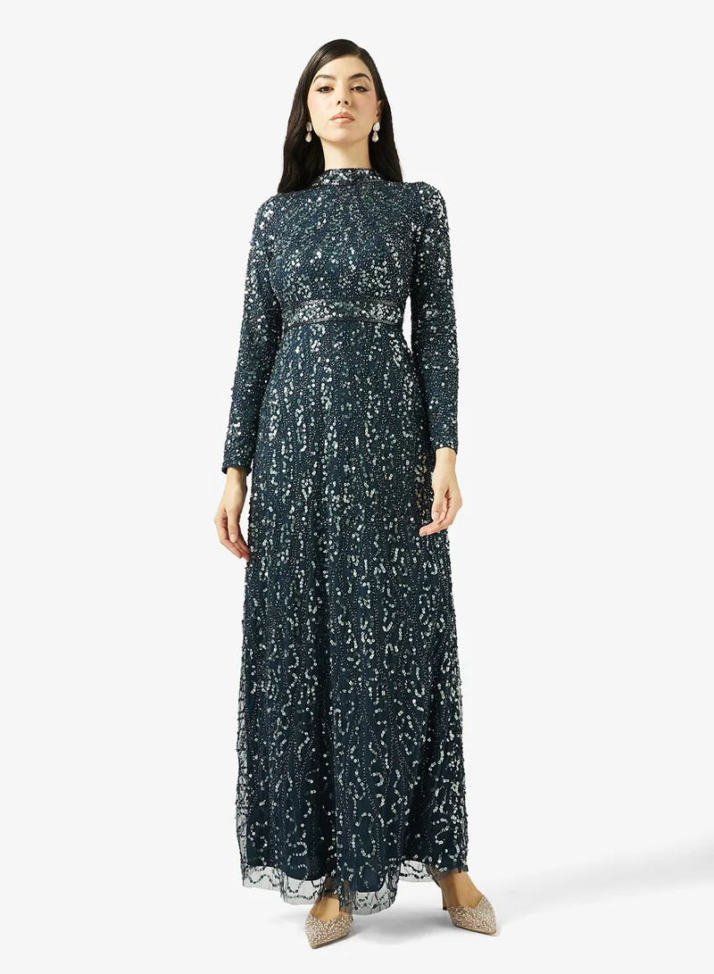 MARYISA High Neck Sequin Maxi Dress