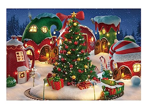 Funnytree 7x5FT Cartoon Christmas Village Photography Backdrop Winter Snow Pine Tree Background Xmas Fairy Tale Animated Kid Party Photo Booth Banner Supplies - Image 1