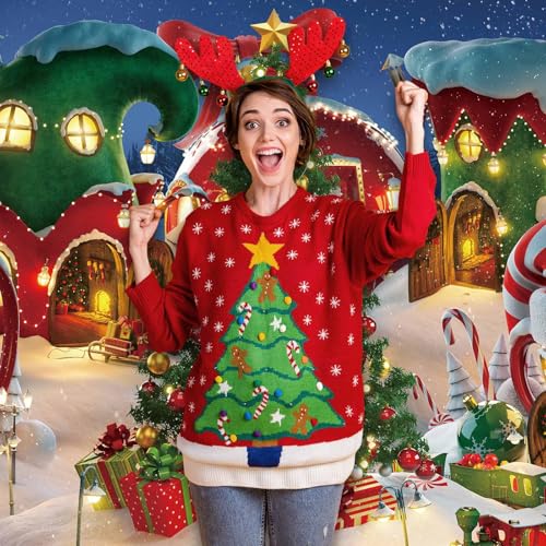 Funnytree 7x5FT Cartoon Christmas Village Photography Backdrop Winter Snow Pine Tree Background Xmas Fairy Tale Animated Kid Party Photo Booth Banner Supplies - Image 2
