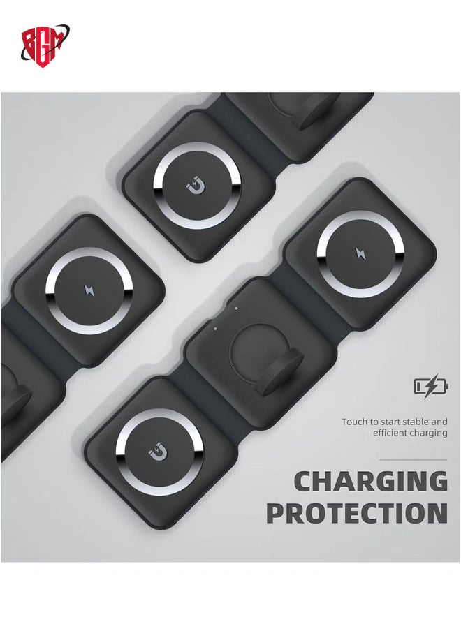 BGM - 3-in-1 Foldable Magnetic Wireless Charger 15W Mag-Safe Charging Station for iPhone, Apple Watch, and AirPods (Black) - Image 1