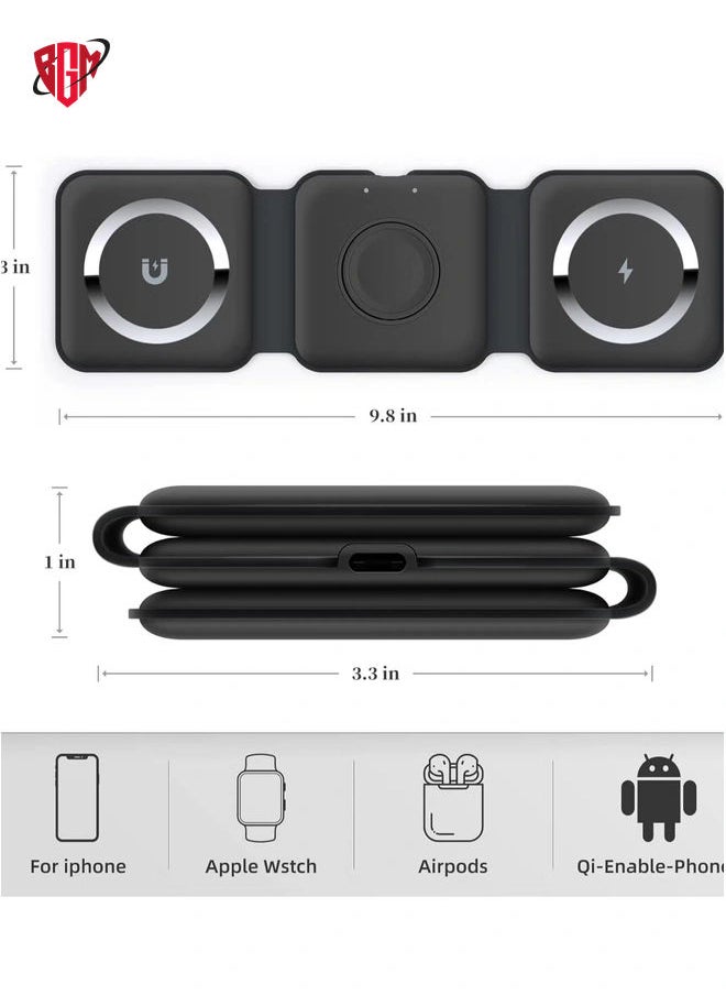 BGM - 3-in-1 Foldable Magnetic Wireless Charger 15W Mag-Safe Charging Station for iPhone, Apple Watch, and AirPods (Black) - Image 1