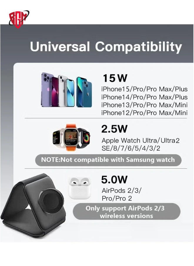 BGM - 3-in-1 Foldable Magnetic Wireless Charger 15W Mag-Safe Charging Station for iPhone, Apple Watch, and AirPods (Black) - Image 1