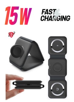 3-in-1 Foldable Magnetic Wireless Charger 15W Mag-Safe Charging Station for iPhone, Apple Watch, and AirPods (Black)
